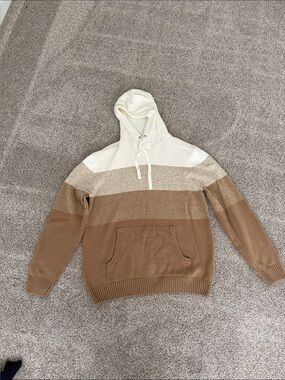 Commerce Men's Colorblock Hooded Cardigan Sweater in Cream and Camel